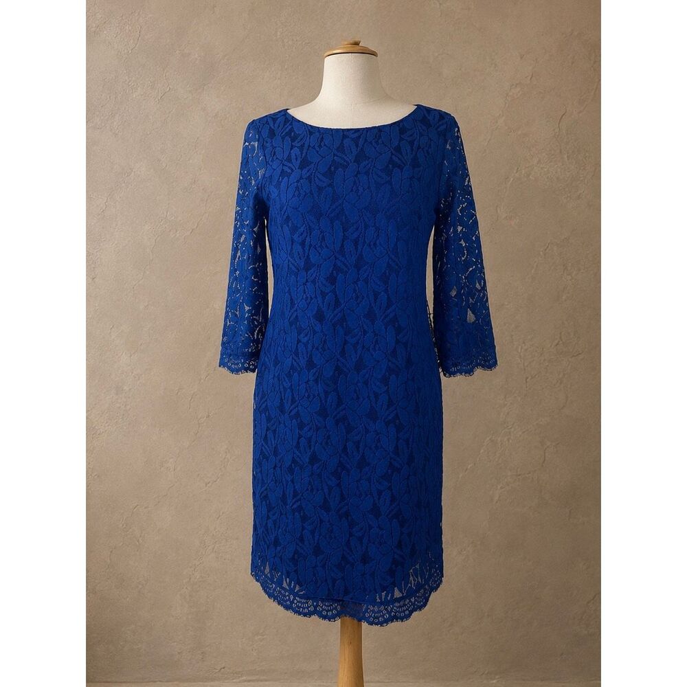 London Times Sz 4 Blue Lace Shift Dress Scalloped Hem Cocktail Party